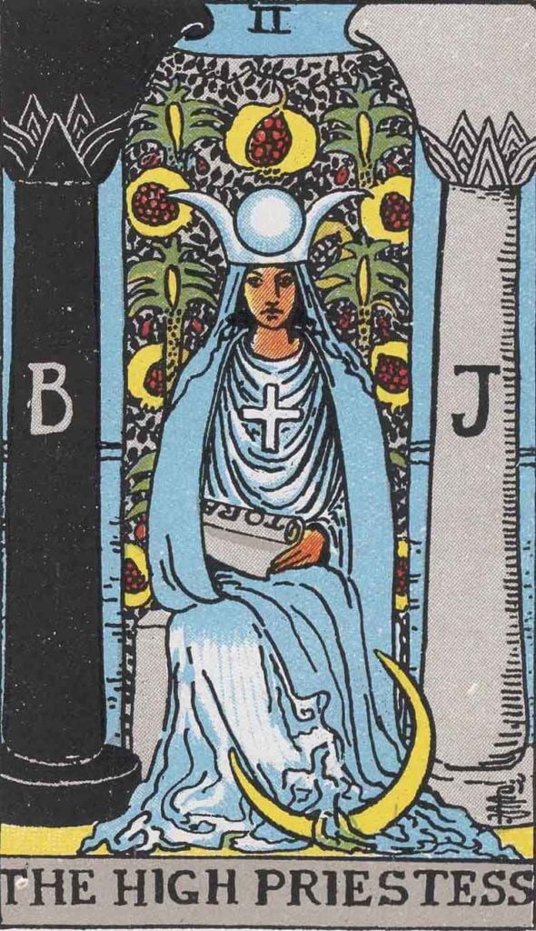 『女教皇』大アルカナ2番。「秘密・神秘・英知」を意味するタロットカード。