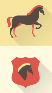 馬と馬の頭のロゴを茶色・赤・黄色の3色のみでポップに描いたイラスト待受