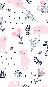 ピンクのかわいらしい表情をした猫やテントウ虫、お花などが描かれたポップなイラスト待ち受け