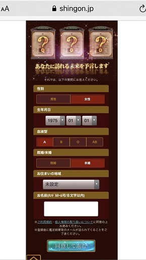 メール占い『神言鑑定』初回無料鑑定の情報入力画面