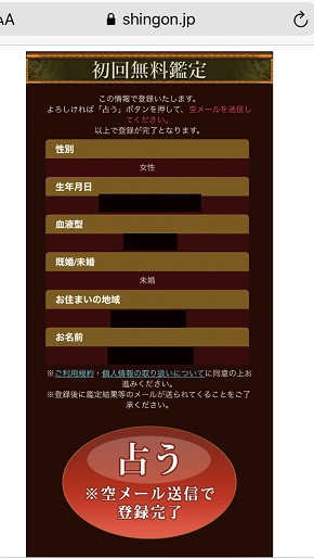 メール占い『神言鑑定』初回無料鑑定の情報入力画面