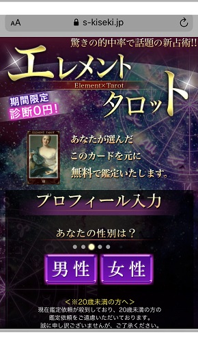 真実のキセキエレメントタロット 性別の入力画面