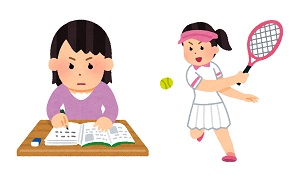 勉強とテニスをしている女性のイラスト