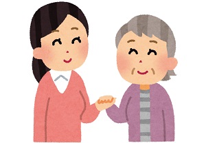 おばあちゃんと手をつなぐ女性のイラスト