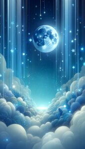 青い雲の上に浮かぶ青い月のイラスト