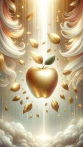 黄金のりんごが宙に浮いている様子のイラスト