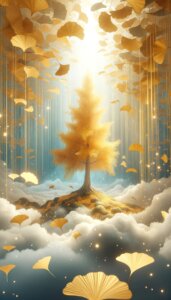 白い雲の上に光が差す銀杏の木が一本立っている様子を描いたイラスト