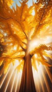 光が当たっている黄金の銀杏の木を下から描いたイラスト