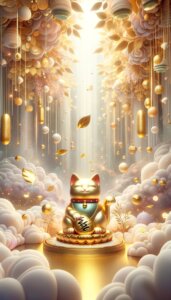 黄金の招き猫に神々しい光が当たっている様子を描いたイラスト
