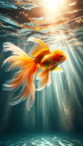 赤い金魚が光差す海の中で泳いでいる様子を描いたイラスト