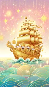 きらびやかな黄金の舟に4人の人が乗っている様子を描いたイラスト