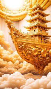 黄金の舟が黄金色の雲の上に浮いている様子を描いたイラスト
