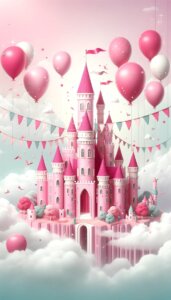 白い雲の上に浮かぶピンクのお城のイラスト