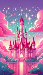 海の上に浮かぶピンクの城のイラスト