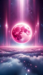 青い雲の上にピンクの月が浮いている様子のイラスト
