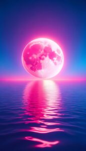 青い海の上にピンクの月が今まさに沈もうとしている様子を描いたイラスト