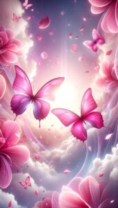 ピンク色の蝶が2匹雲の中を飛んでいるイラスト