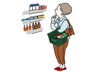 買い物中に悩む女性のイラスト