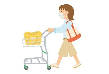 買い物かごをおして買い物する女性のイラスト