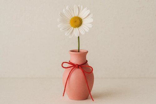 ピンク色の花瓶と赤色の糸