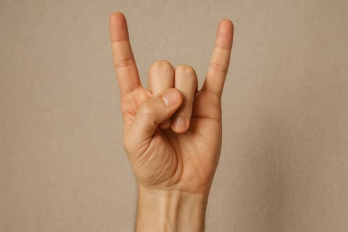 利き手で握りこぶしをつくり、人差し指と小指だけを立てて軽く曲げ、動物の角を意味する「コルヌのポーズ」