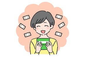 通帳を見て喜ぶ女性のイラスト