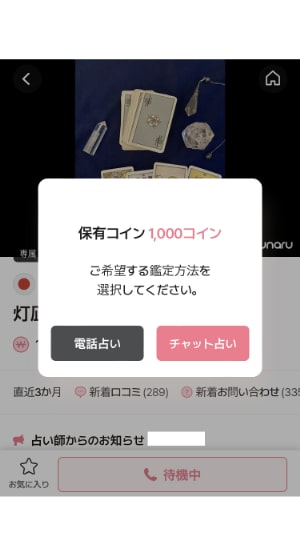 【サジュナル電話占い】電話占いとチャット占い、どちらを選択するか選ぶ画面